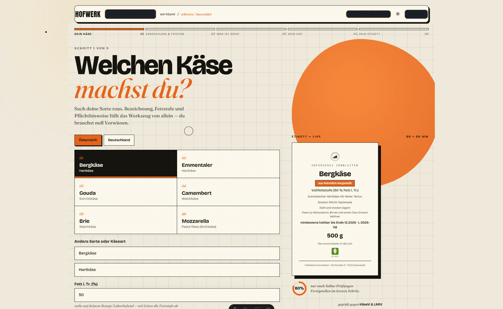 Hofwerk Etiketten-Werkzeug — Käse-Wizard mit Live-Prüfung